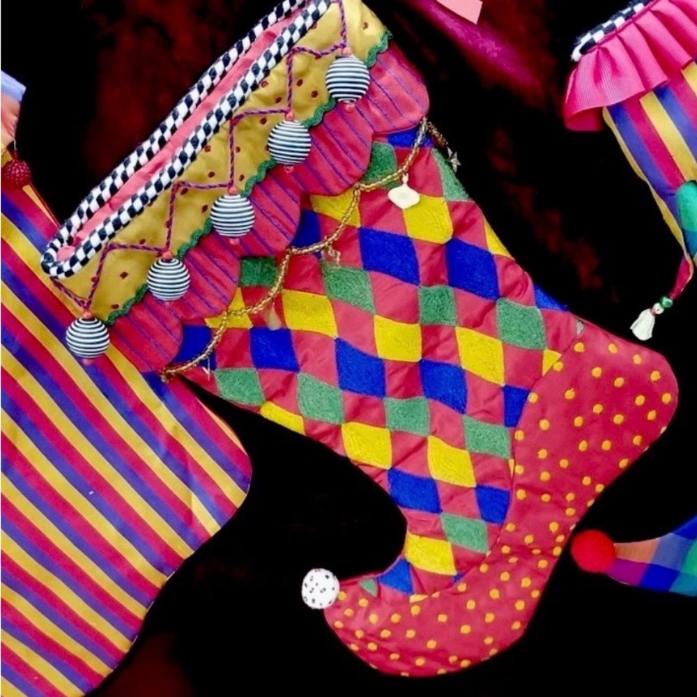 Mackenzie-Childs Christmas Stocking Silk Jester Harlequin Colorful Courtly Check